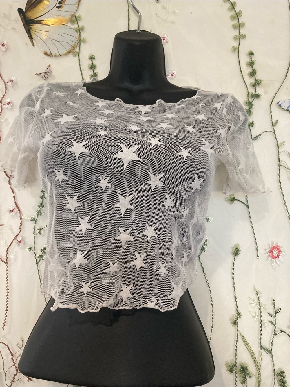 White Star Mesh Short Sleeve Top - Lightweight Sheer Layer 90’s vintage